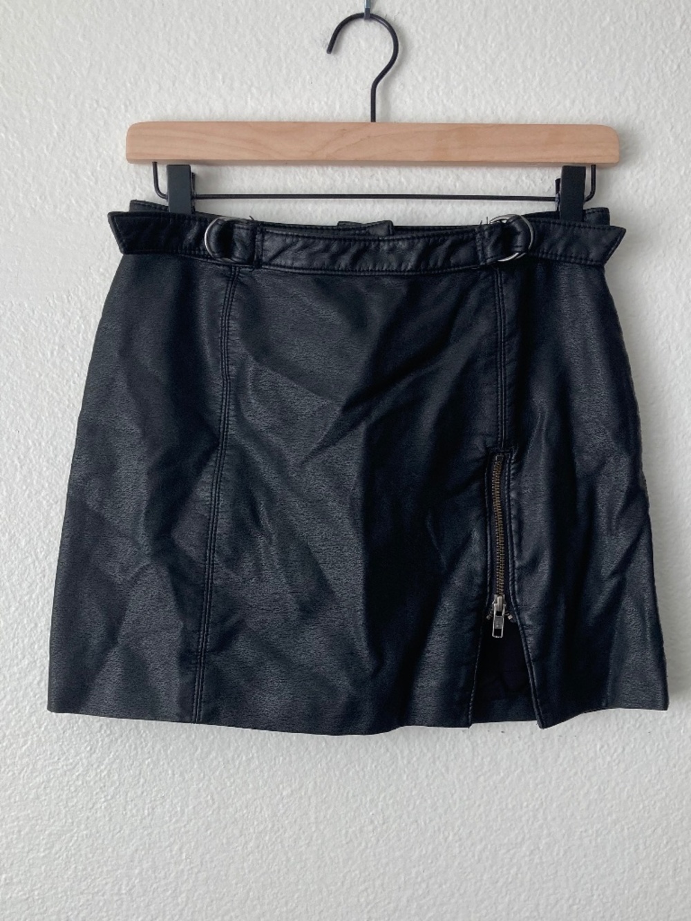 Free People Charli Faux Vegan Leather Buckle Detail Moto Mini Skirt Black 2